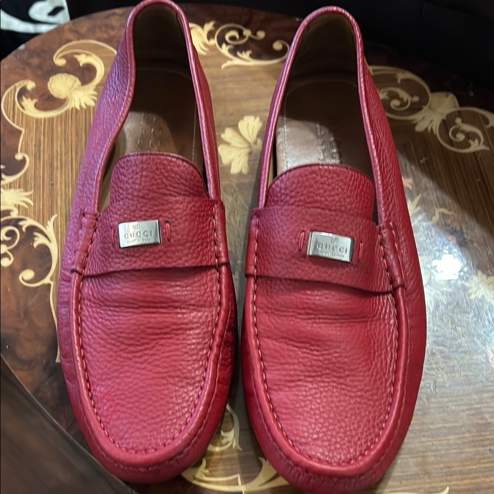 Gucci Red Leather Penny Loafers